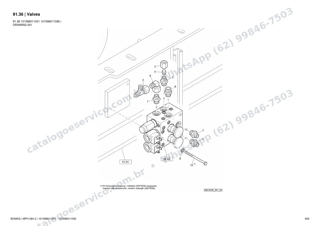 Catálogo de peças Bomag MPH 364-2: vista explodida do conjunto 91.36 Valves