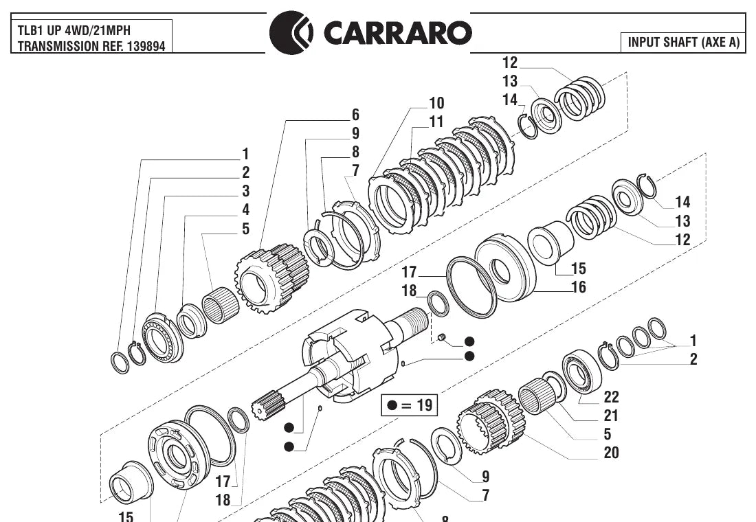 Vista explodida de conjunto do Catálogo de Peças Carraro TLB1 UP 4WD/21MPH
