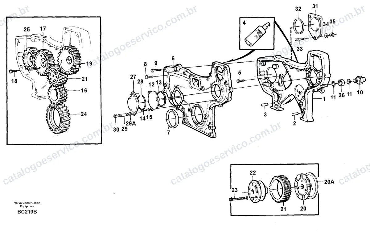 Vista explodida – motor – Catálogo de Peças Volvo BM A25C