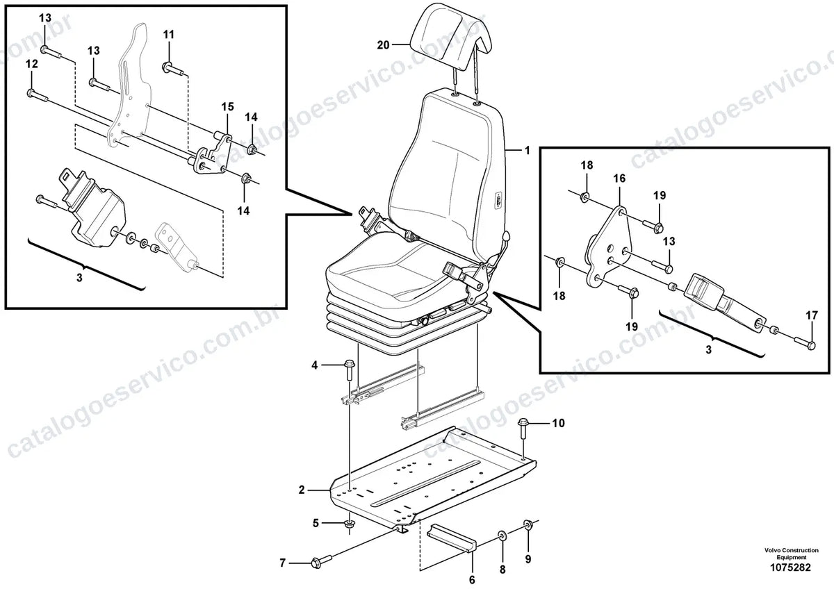 Vista explodida – cabine, carroceria e acessórios – Catálogo de Peças Volvo L180G HL