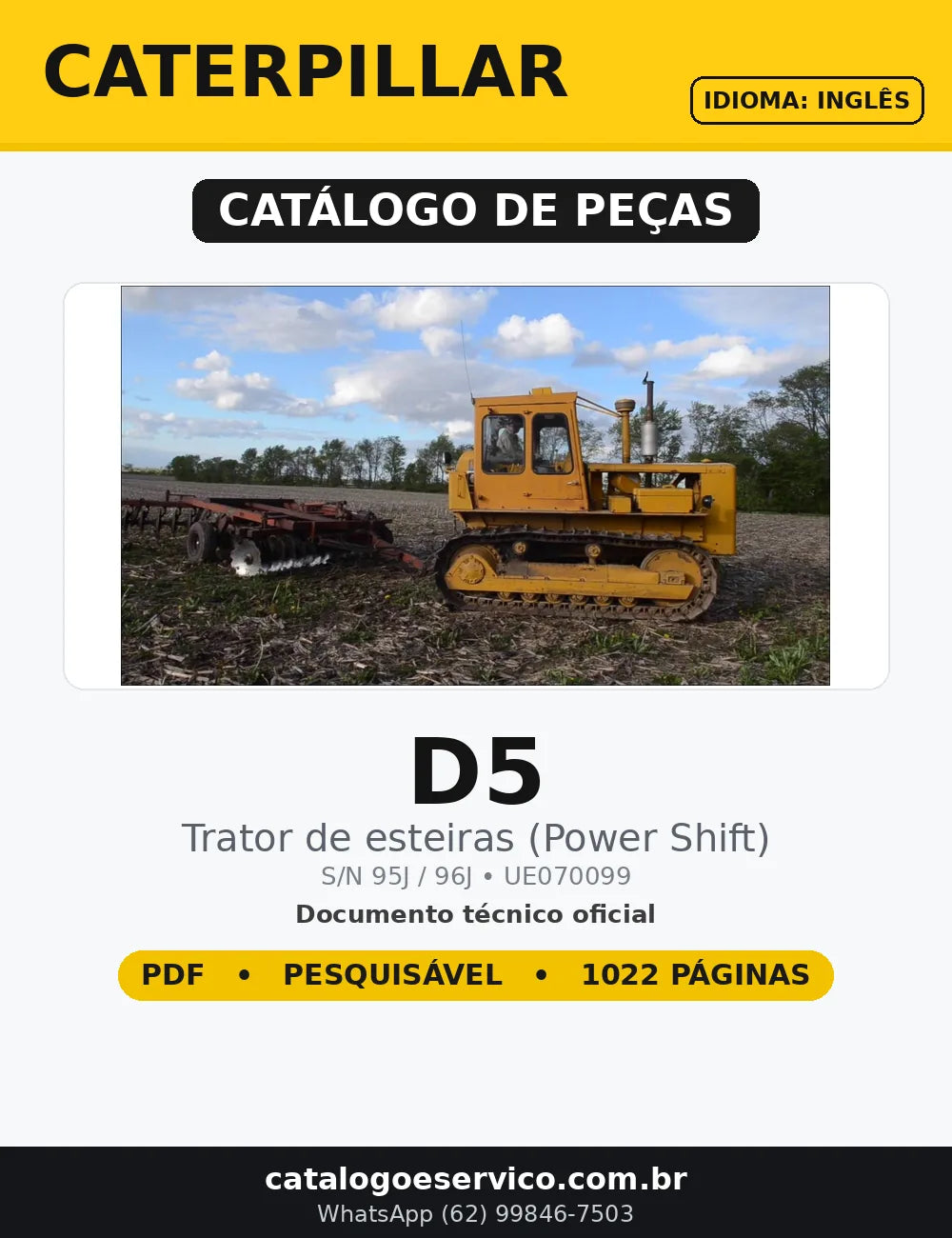 Catálogo de Peças Caterpillar D5 em PDF — capa do documento técnico (1022 páginas, Inglês)