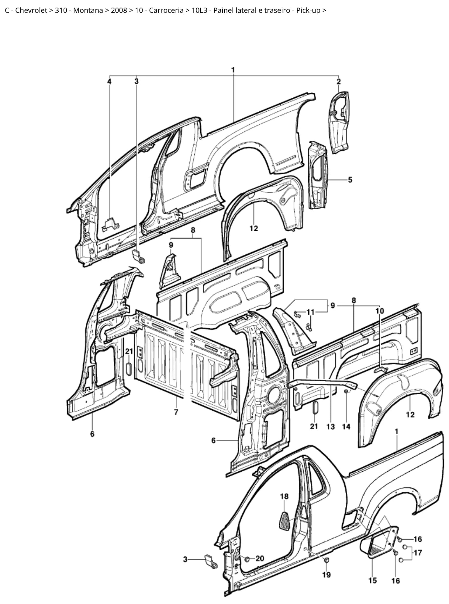 Catálogo de Peças Chevrolet Montana 2008 (peças 2002-2012) — vista explodida 3 (pág. 729 do PDF)