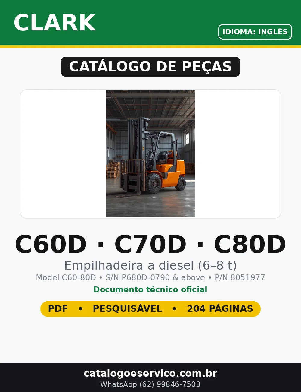 Catálogo de Peças Clark C60D · C70D · C80D em PDF — capa do documento técnico (204 páginas, Inglês)
