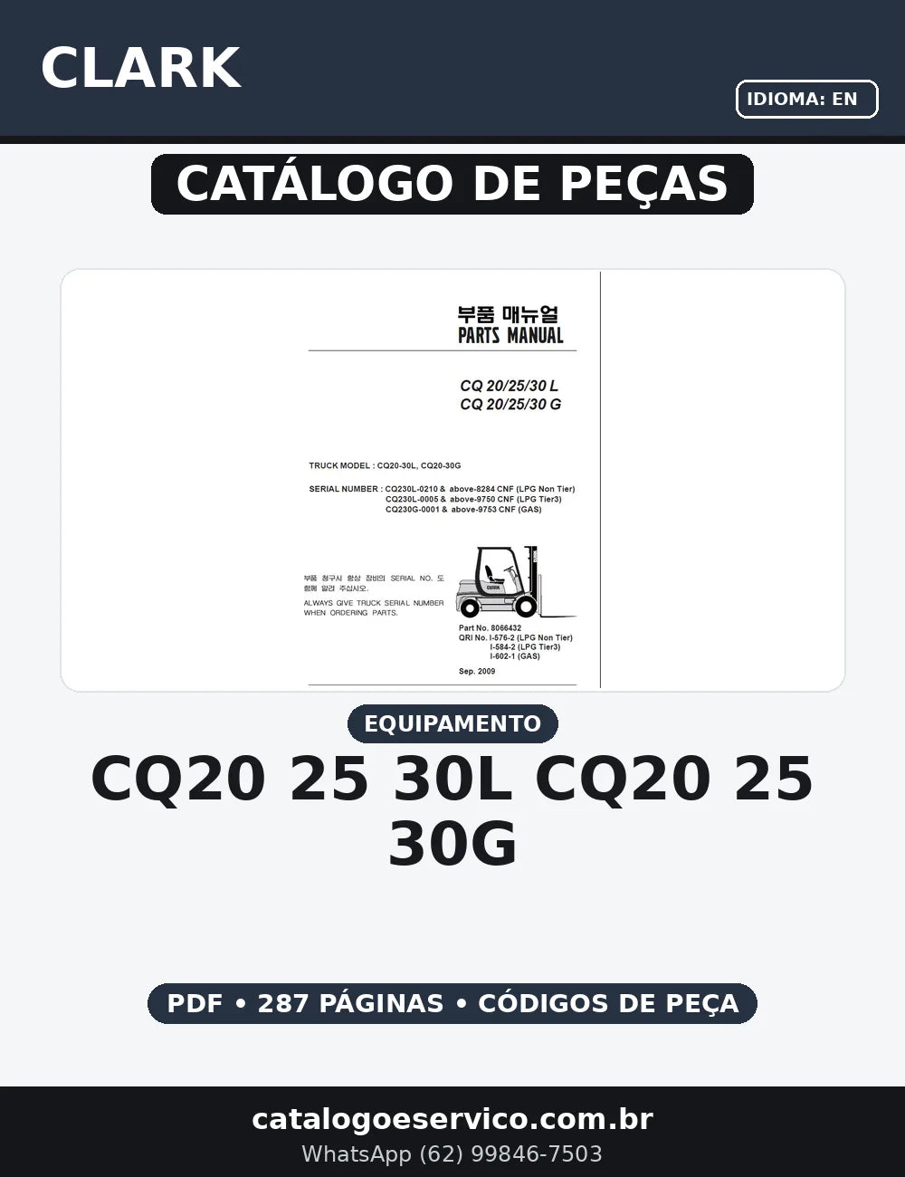 Catalogo de pecas clark CQ20-25-30L - CQ20-25-30G — capa do catálogo de peças