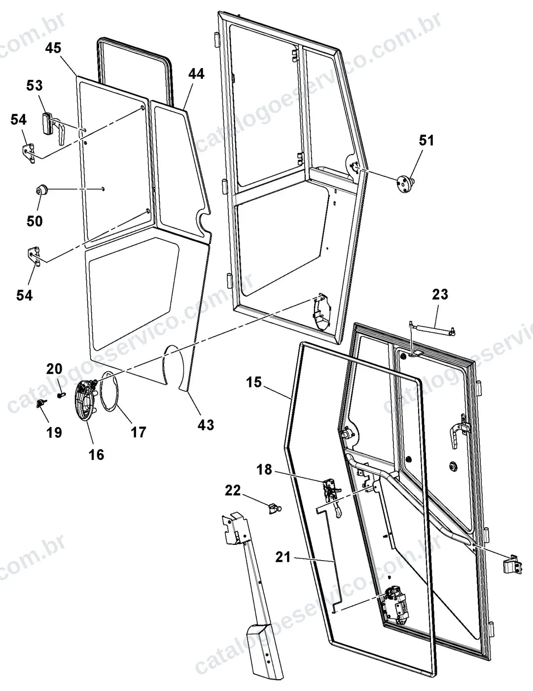 Vista explodida – cabine, carroceria e acessórios – Catálogo de Peças Volvo SD100D