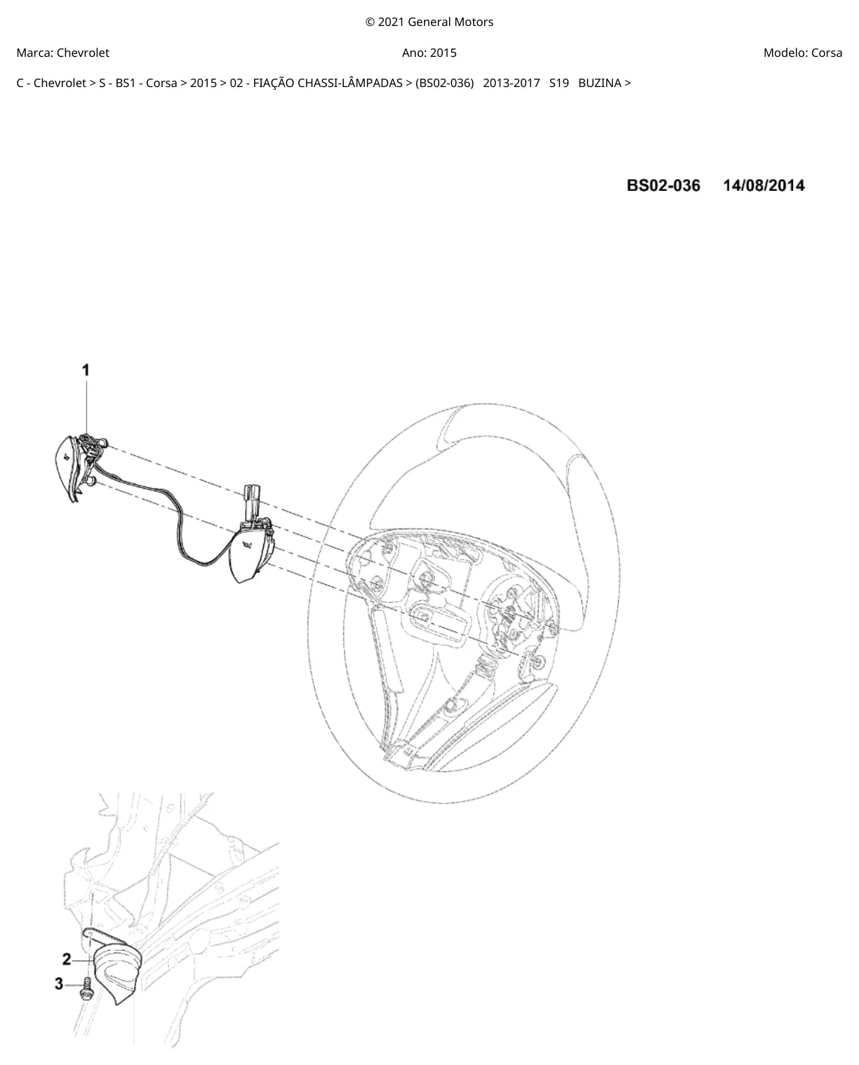 Vista explodida de conjunto do Catálogo de Peças Chevrolet Corsa 2015