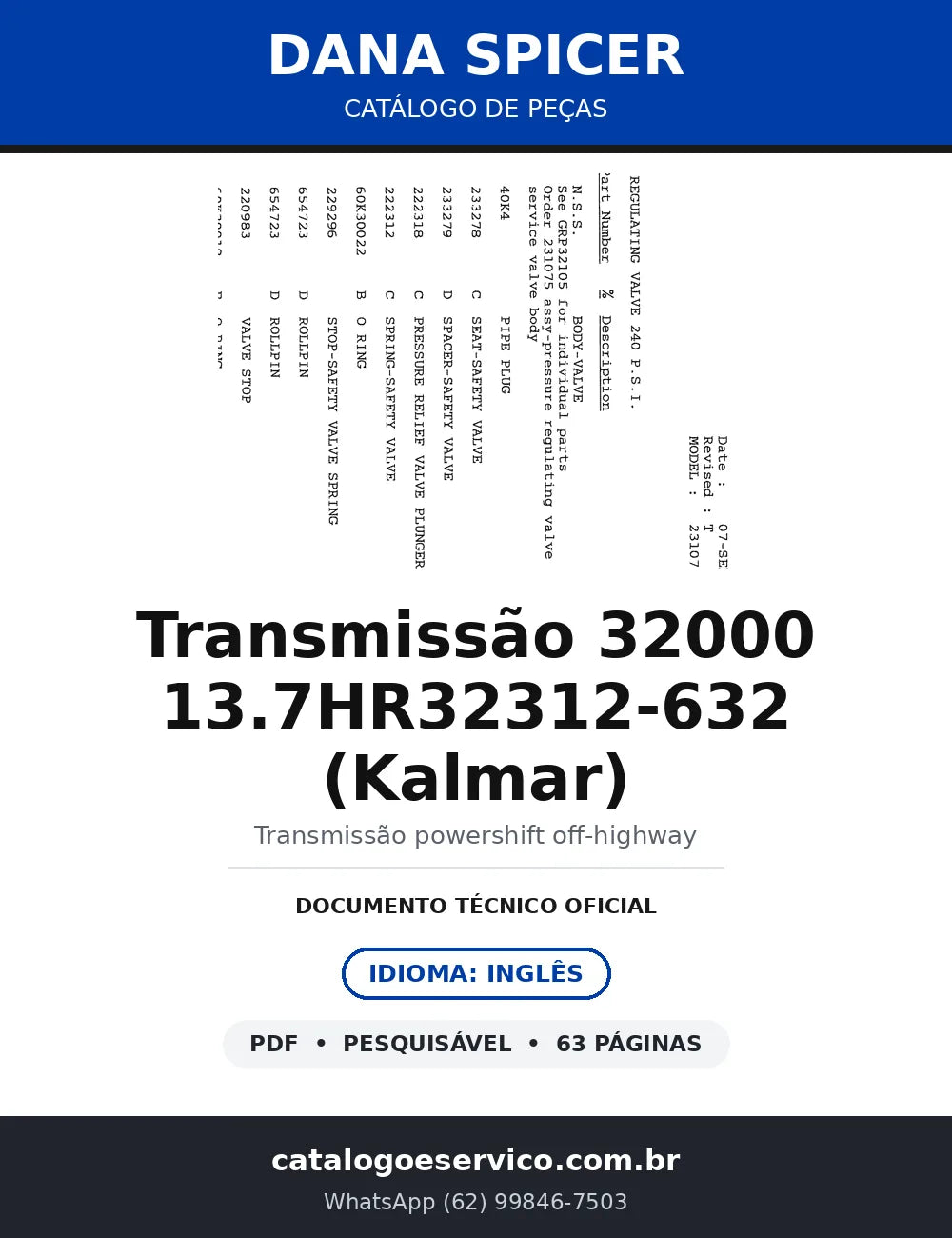 Catálogo de Peças Dana Spicer Transmissão 32000 13.7HR32312-632 Kalmar (PN 293586) — capa