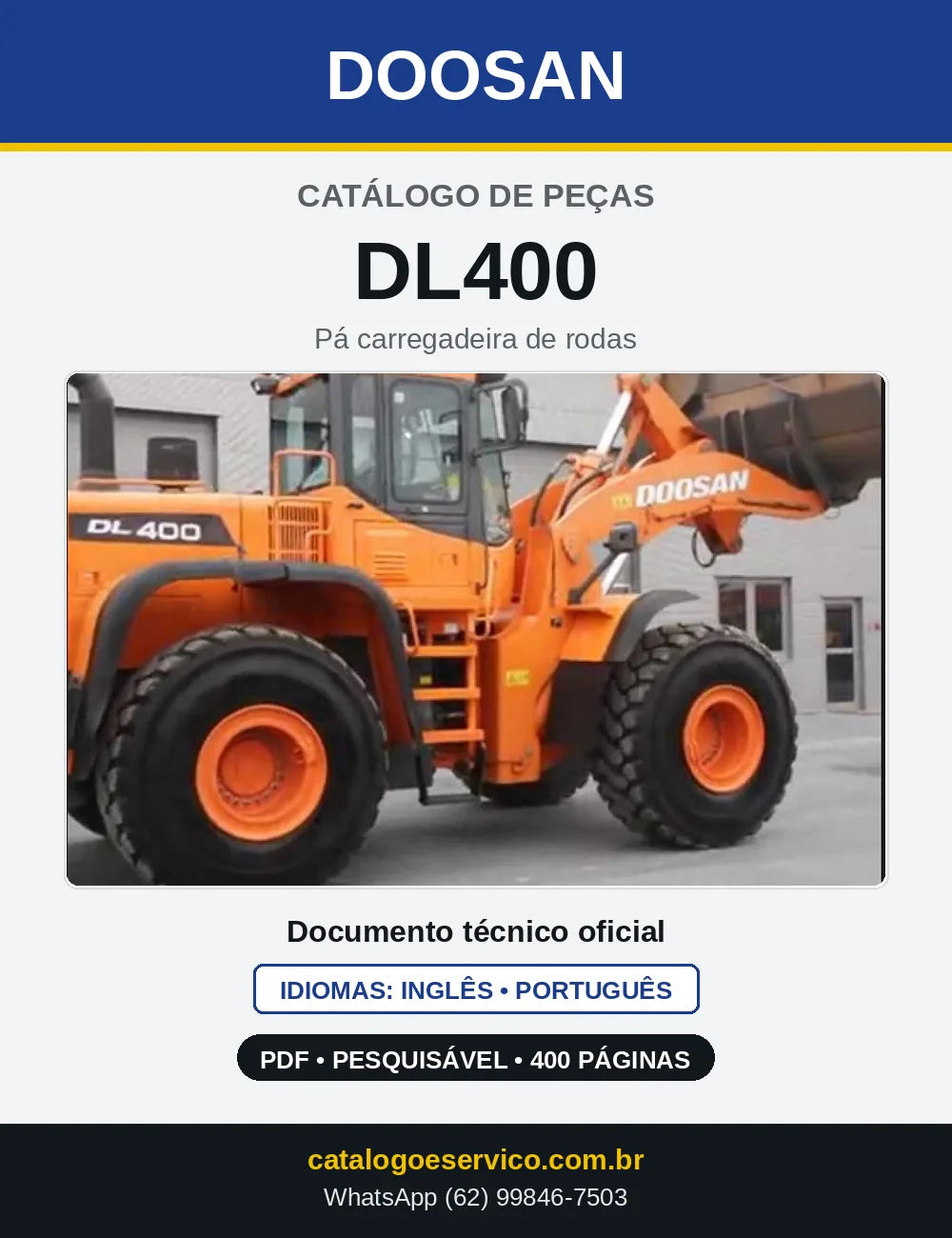Capa do Catálogo de Peças Doosan DL400 em PDF, inglês e português
