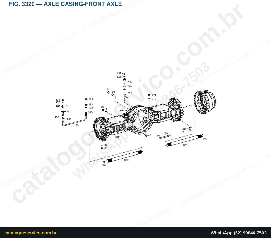 Vista explodida Axle Casing-Front Axle - Catálogo de Peças Doosan DL400