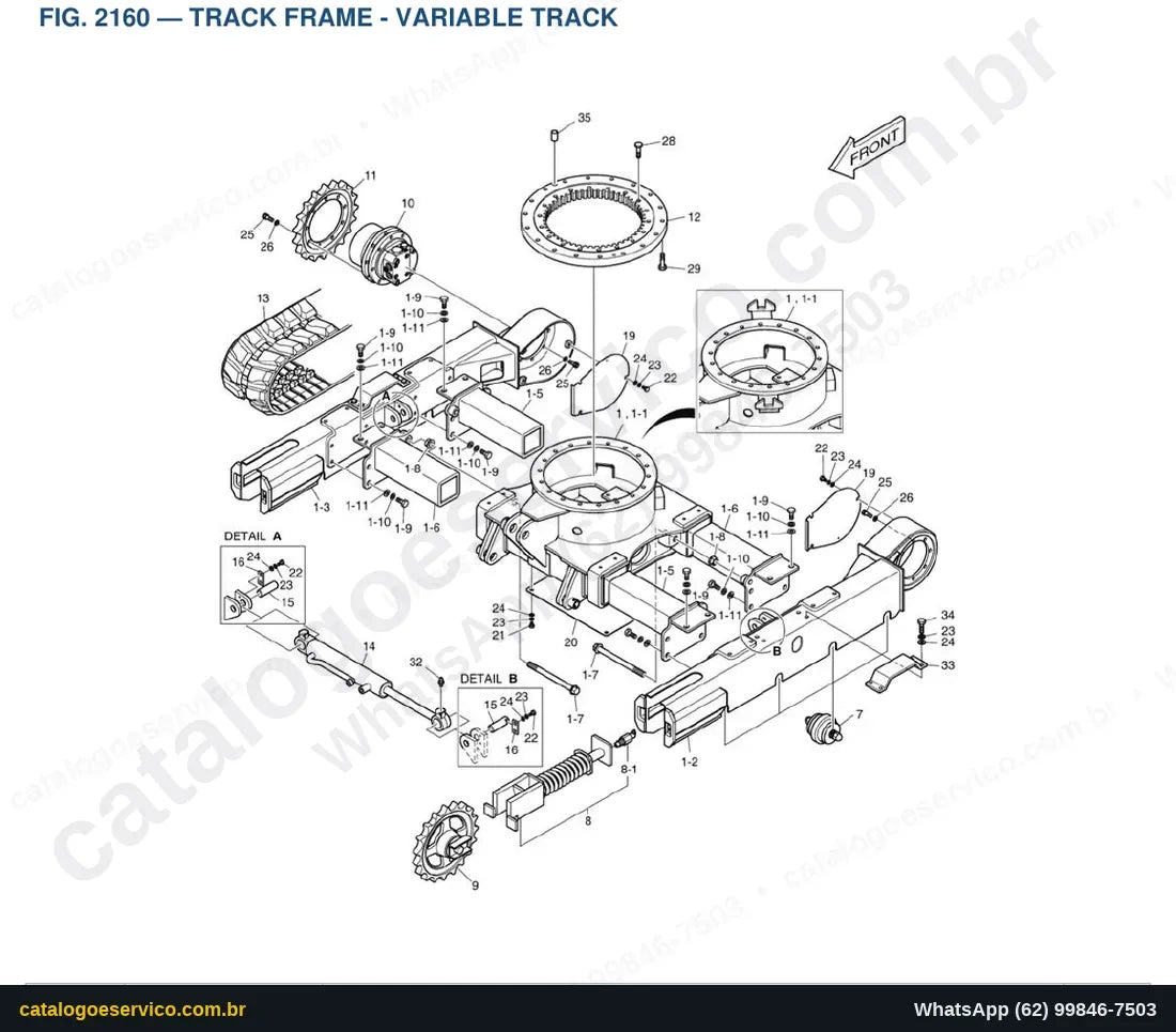 Vista explodida Track Frame - Variable Track - Catálogo de Peças Doosan DX15/DX18
