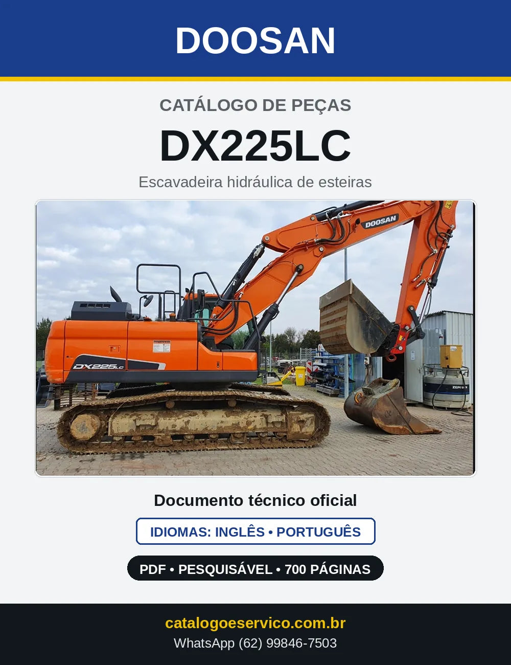 Capa do Catálogo de Peças Doosan DX225LC em PDF, inglês e português