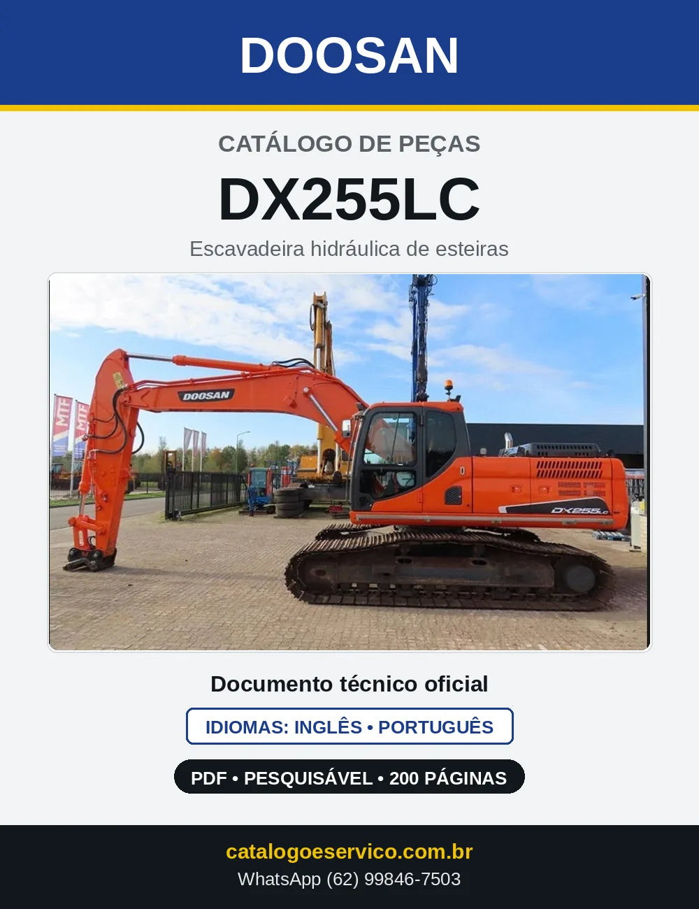 Capa do Catálogo de Peças Doosan DX255LC em PDF, inglês e português