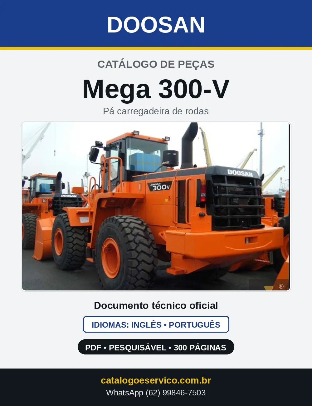 Capa do Catálogo de Peças Doosan Mega 300-V em PDF, inglês e português