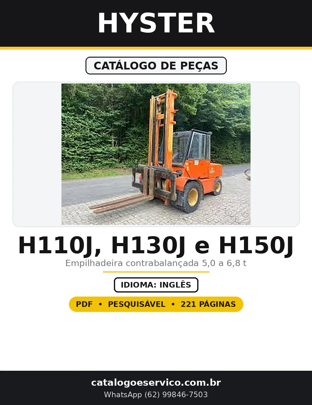 Capa do Catálogo de Peças Hyster H110J, H130J e H150J em PDF com 221 páginas