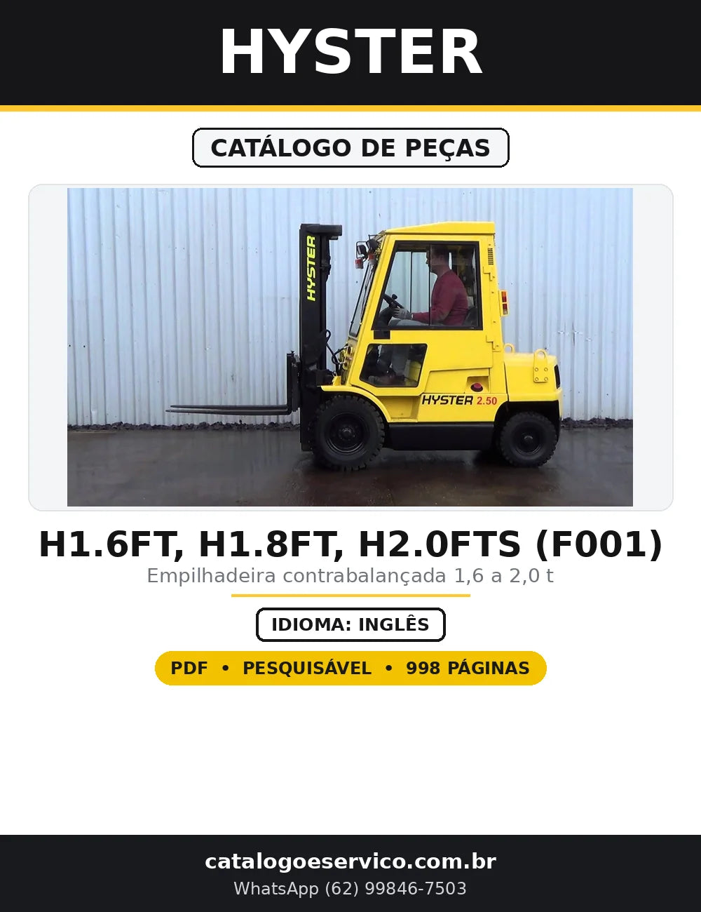 Capa do Catálogo de Peças Hyster H1.6FT, H1.8FT, H2.0FTS (F001) em PDF com 998 páginas