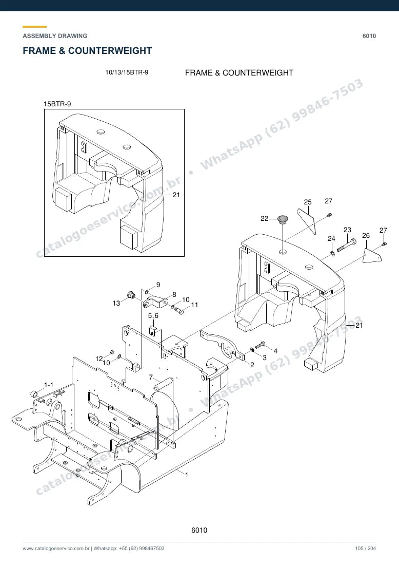 Catálogo de peças Hyundai 10/13/15BTR-9: desenho de montagem — estrutura, capôs e contrapeso