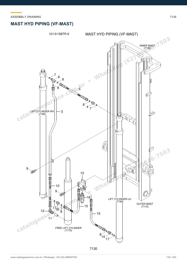 Catálogo de peças Hyundai 10/13/15BTR-9: desenho de montagem — tubulações hidráulicas