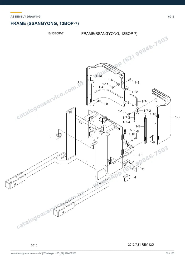 Catálogo de peças Hyundai 10/13BOP-7: desenho de montagem — estrutura, capôs e contrapeso