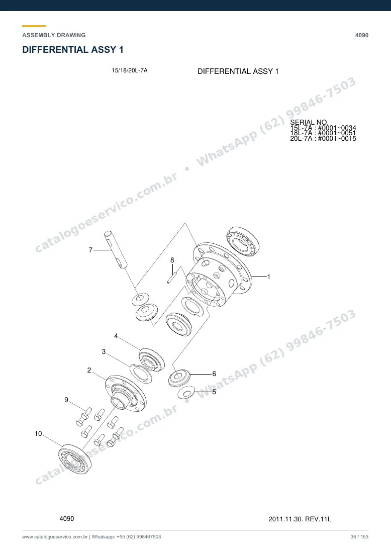 Catálogo de peças Hyundai 15/18/20L-7A: desenho de montagem — eixos, freios e rodas