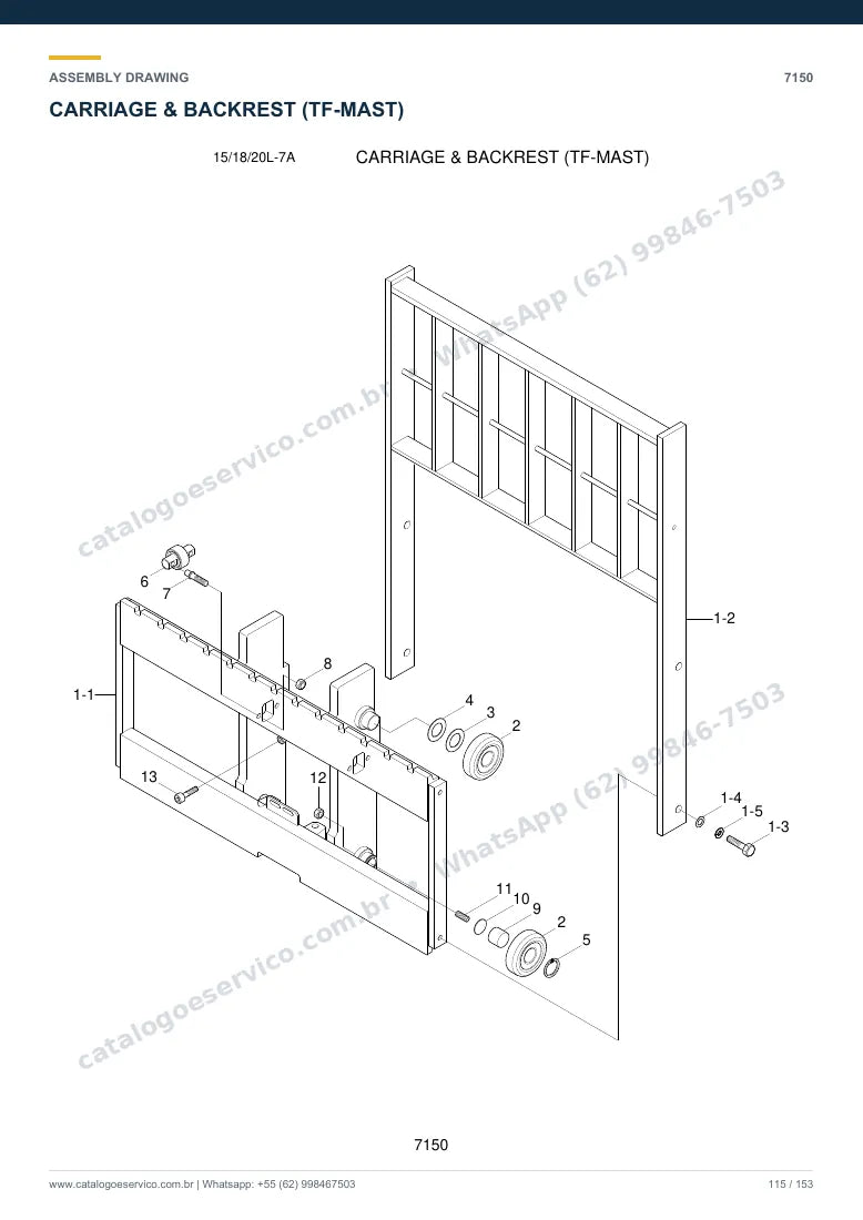 Catálogo de peças Hyundai 15/18/20L-7A: desenho de montagem — torre, garfos e carro porta-garfos