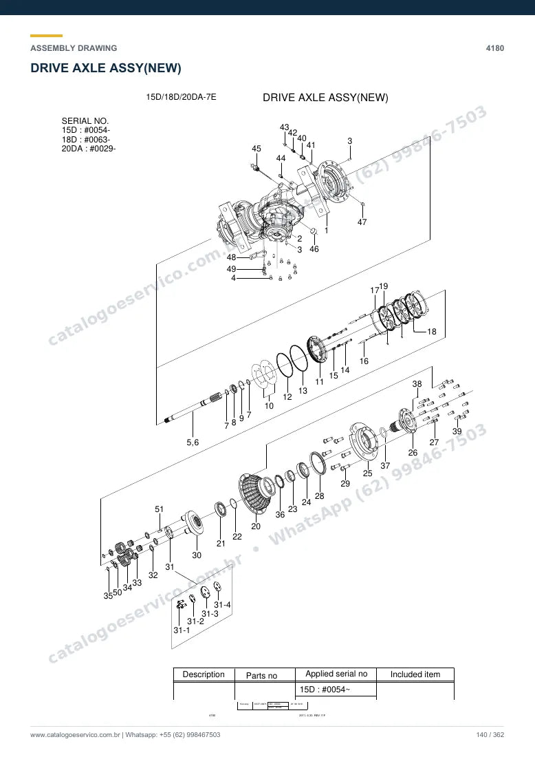 Catálogo de peças Hyundai 15D/18D/20DA-7E: desenho de montagem — eixos, freios e rodas