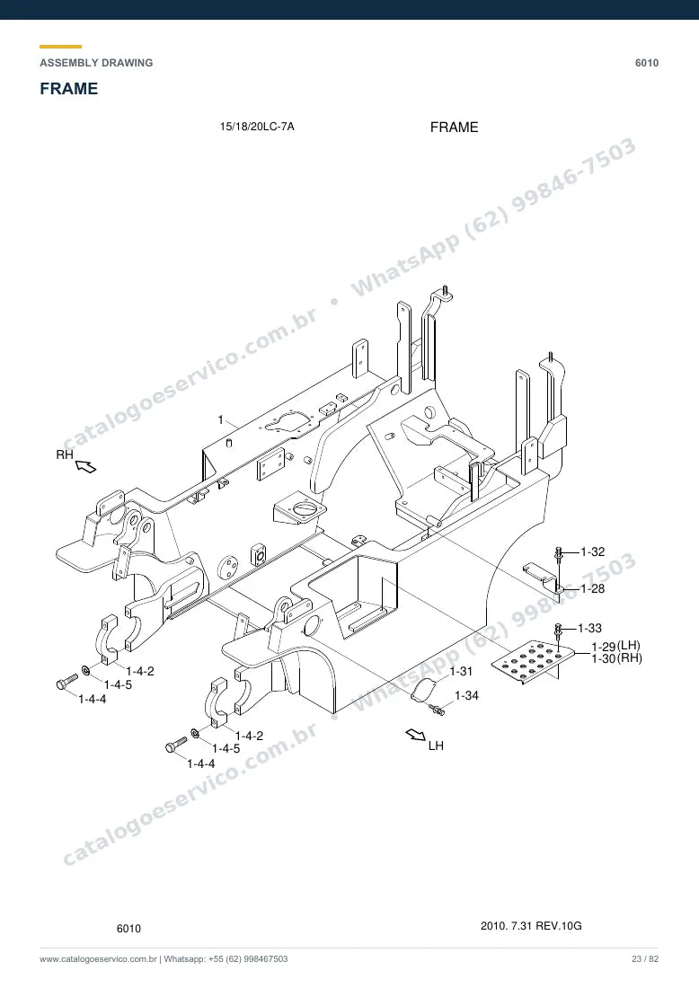 Catálogo de peças Hyundai 15LC/18LC/20LC-7A: desenho de montagem — estrutura, capôs e contrapeso