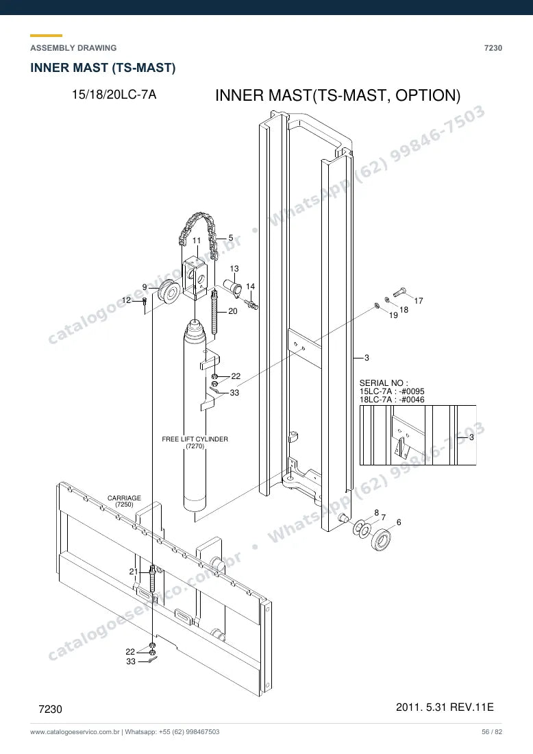 Catálogo de peças Hyundai 15LC/18LC/20LC-7A: desenho de montagem — torre, garfos e carro porta-garfos (2)