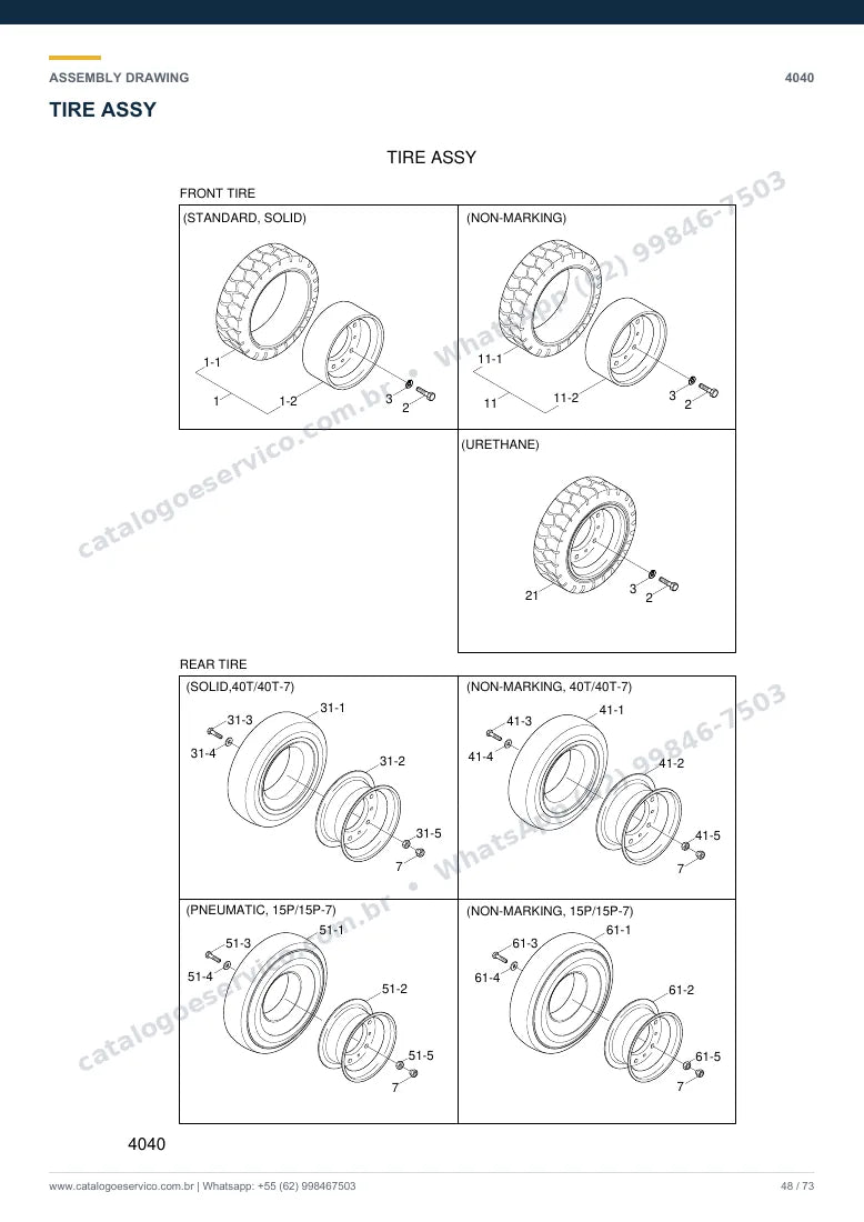 Catálogo de peças Hyundai 15P-7/40T-7: desenho de montagem — eixos, freios e rodas