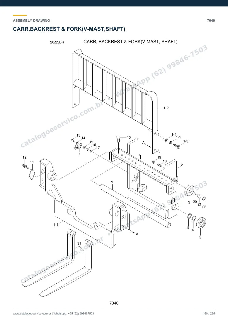 Catálogo de peças Hyundai 20/25BR-7: desenho de montagem — torre, garfos e carro porta-garfos