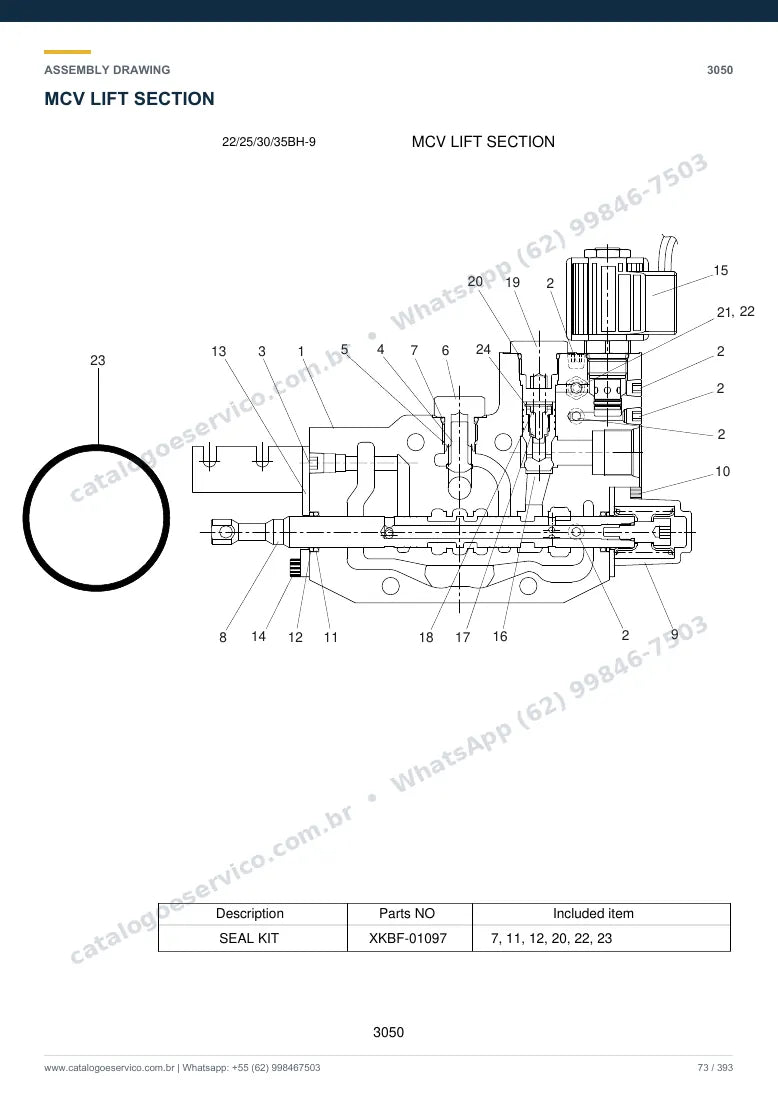 Catálogo de peças Hyundai 22/25/30/35BH-9: desenho de montagem — bomba hidráulica e válvula de controle (MCV)