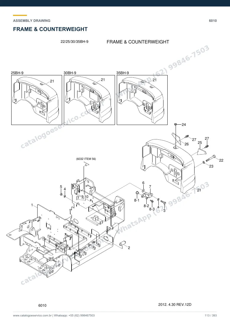 Catálogo de peças Hyundai 22/25/30/35BH-9: desenho de montagem — estrutura, capôs e contrapeso