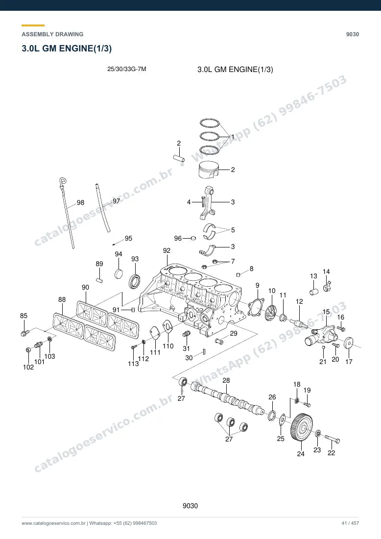 Catálogo de peças Hyundai 25/30/33G-7M: desenho de montagem — motor e componentes internos