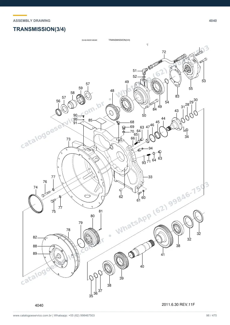 Catálogo de peças Hyundai 35/40/45D-7E e 50D-7AE: desenho de montagem — transmissão e conversor de torque