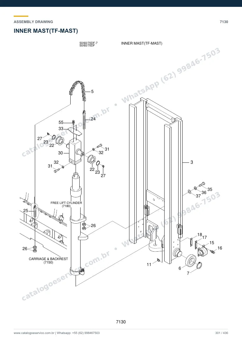 Catálogo de peças Hyundai 50/60/70DF-7: desenho de montagem — torre, garfos e carro porta-garfos