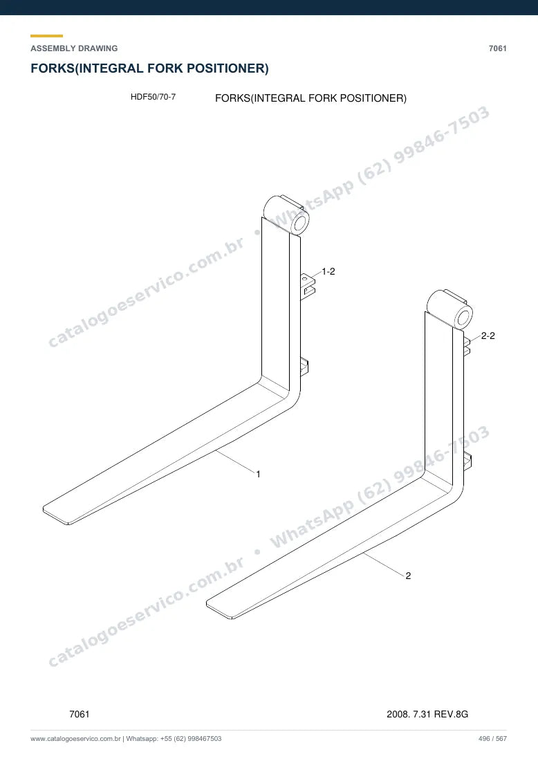 Catálogo de peças Hyundai HDF50/70-7: desenho de montagem — torre, garfos e carro porta-garfos