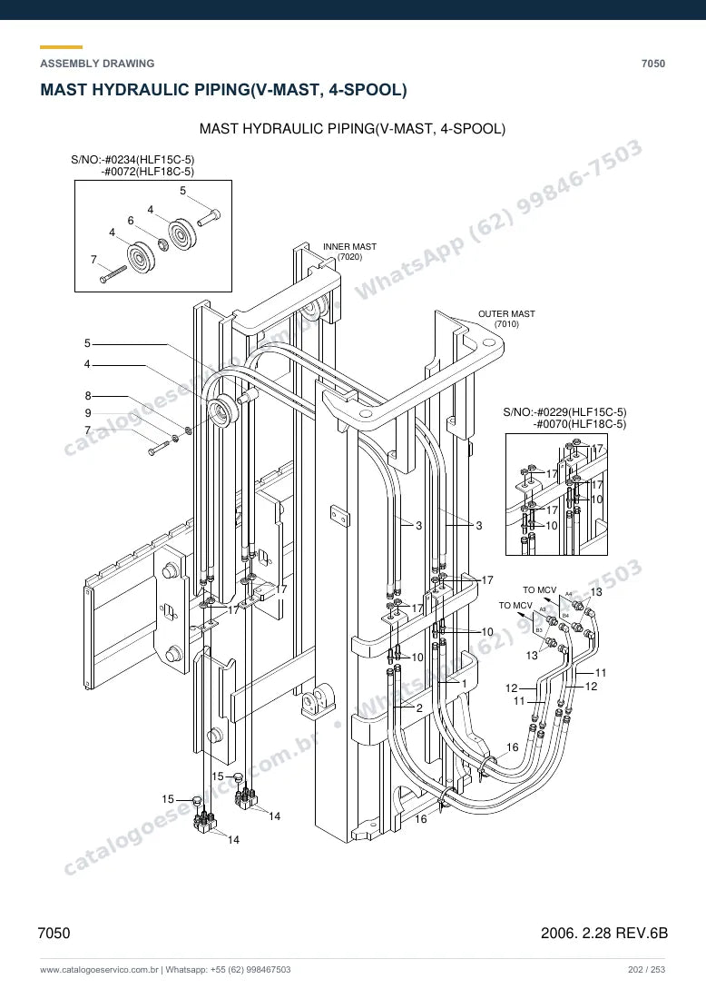 Catálogo de peças Hyundai HLF15/18C-5: desenho de montagem — tubulações hidráulicas