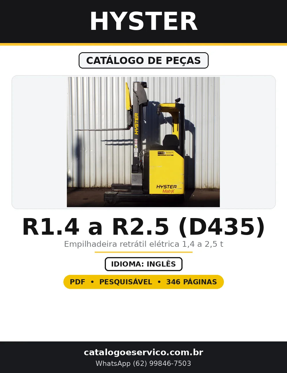 Capa do Catálogo de Peças Hyster R1.4 a R2.5 (D435) em PDF com 346 páginas