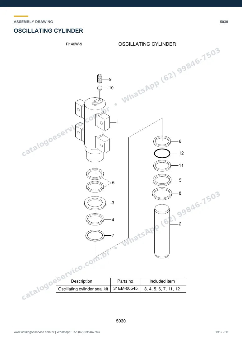 Catálogo de peças Hyundai R140W-9: desenho de montagem — cilindros hidráulicos