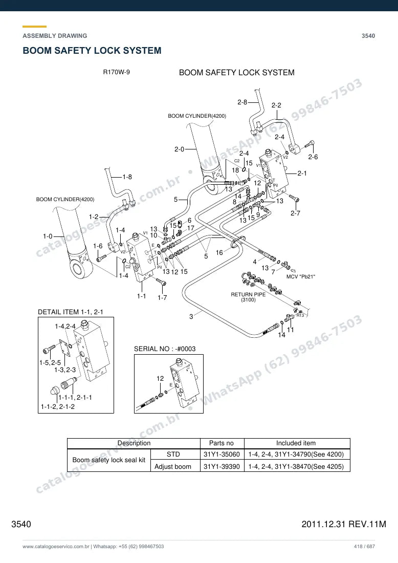 Catálogo de peças Hyundai R170W-9: desenho de montagem — lança, braço e caçamba