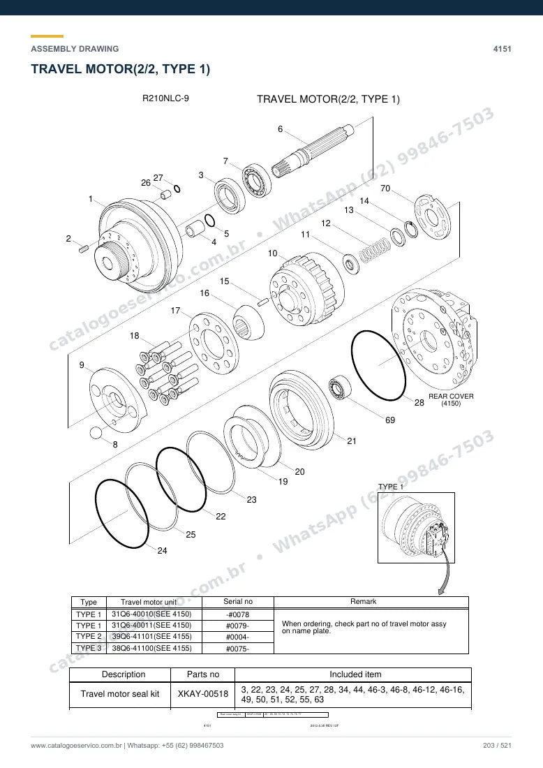 Catálogo de peças Hyundai R210NLC-9: desenho de montagem — translação e material rodante
