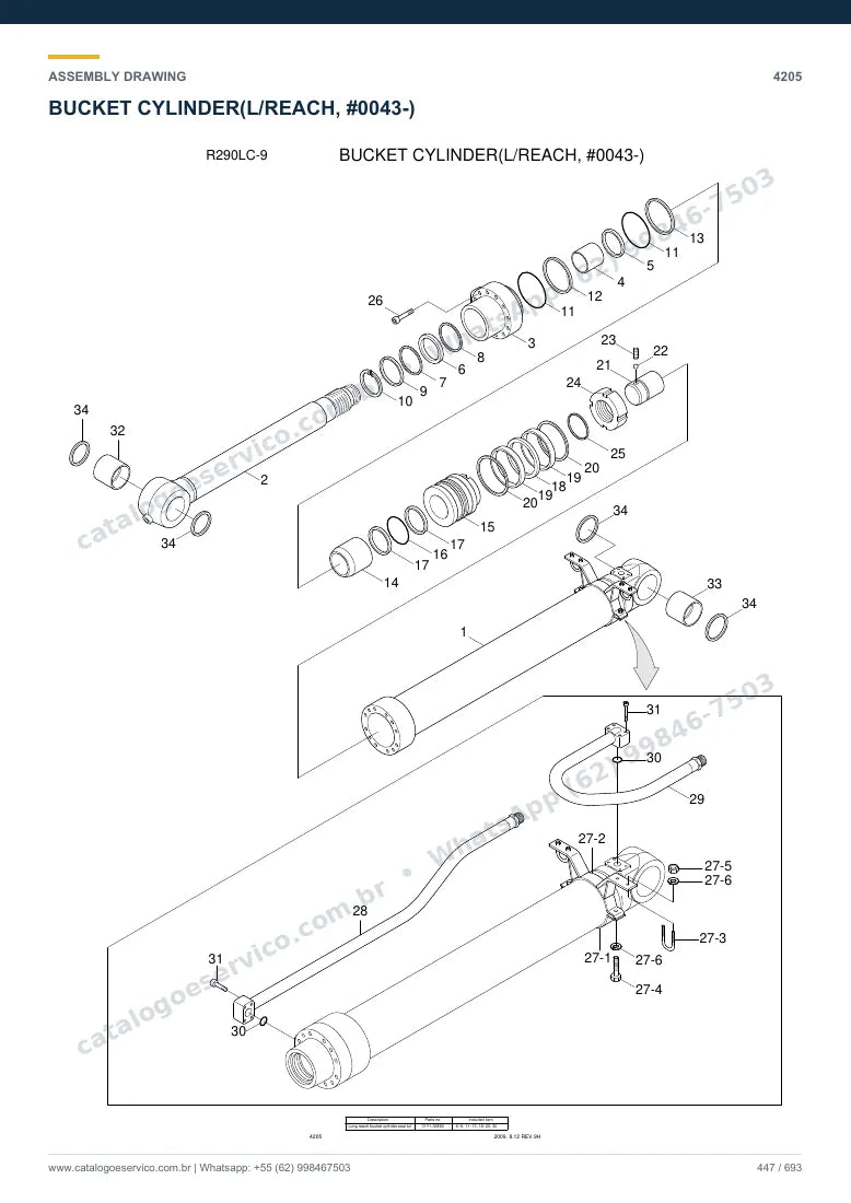 Catálogo de peças Hyundai R290LC-9: desenho de montagem — cilindros hidráulicos