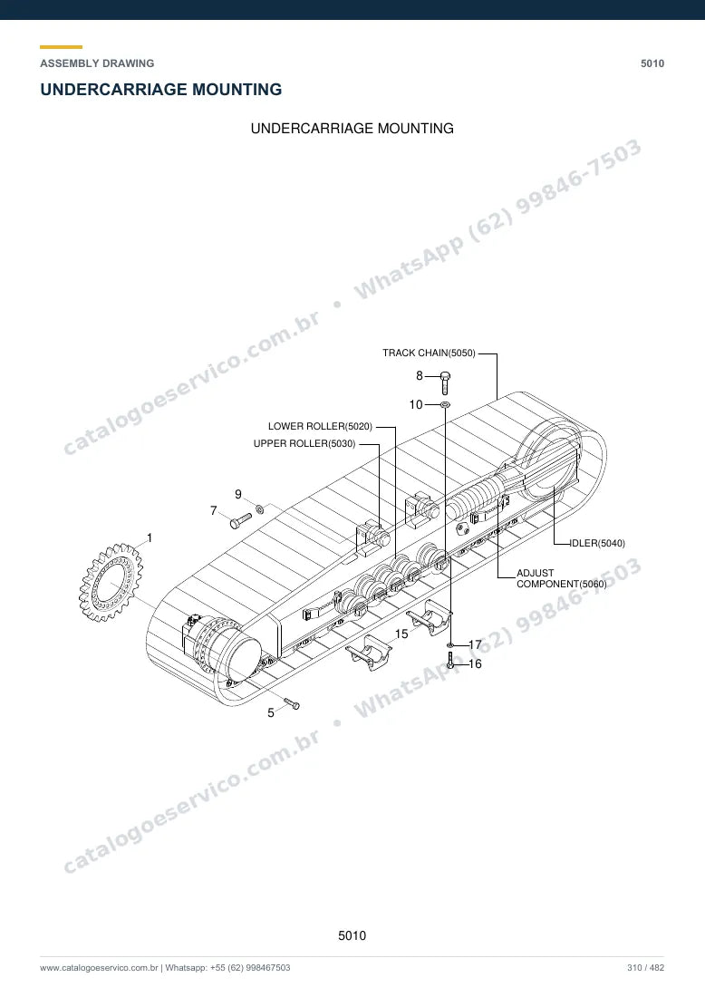 Catálogo de peças Hyundai R300LC-7: desenho de montagem — translação e material rodante
