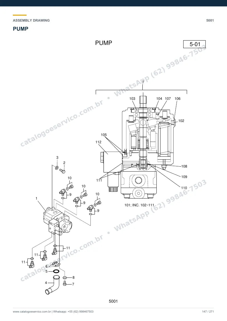 Catálogo de peças Hyundai R36N-7: desenho de montagem — bomba hidráulica e válvula de controle (MCV)