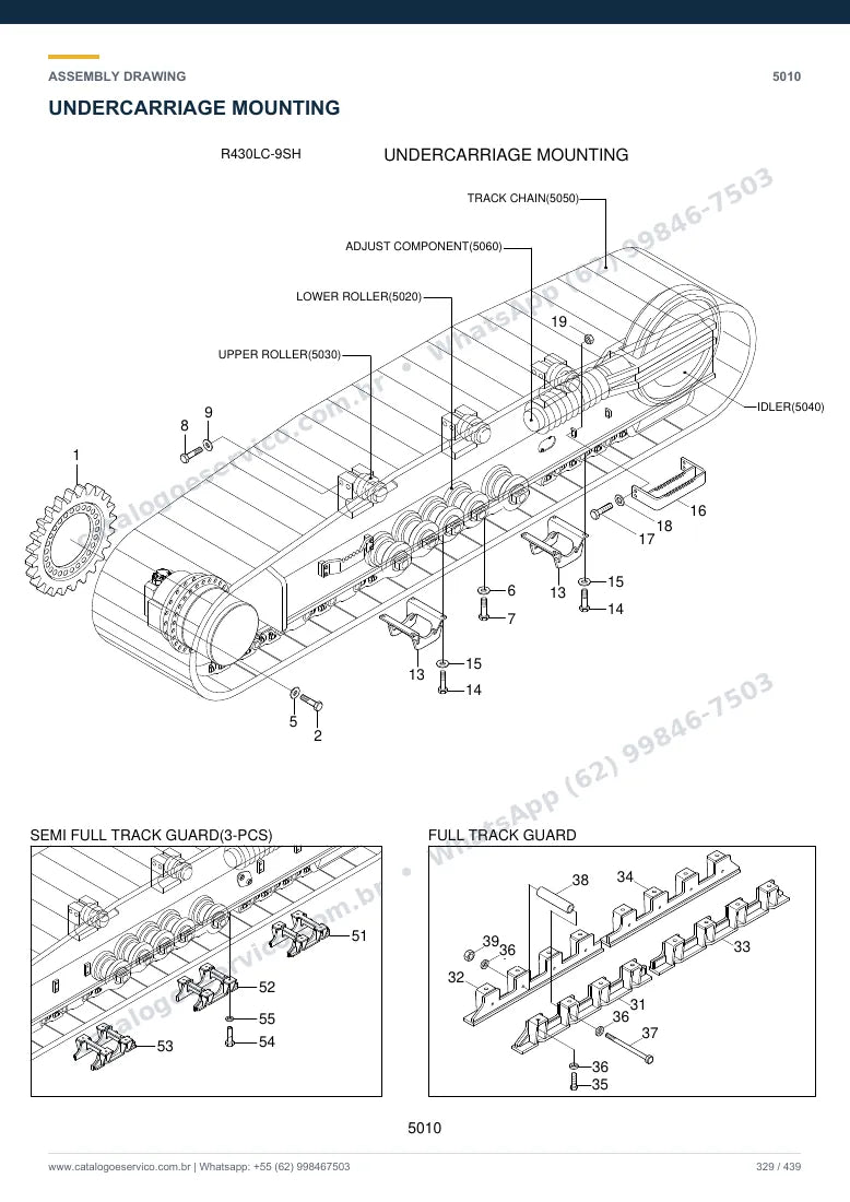 Catálogo de peças Hyundai R430LC-9SH: desenho de montagem — translação e material rodante