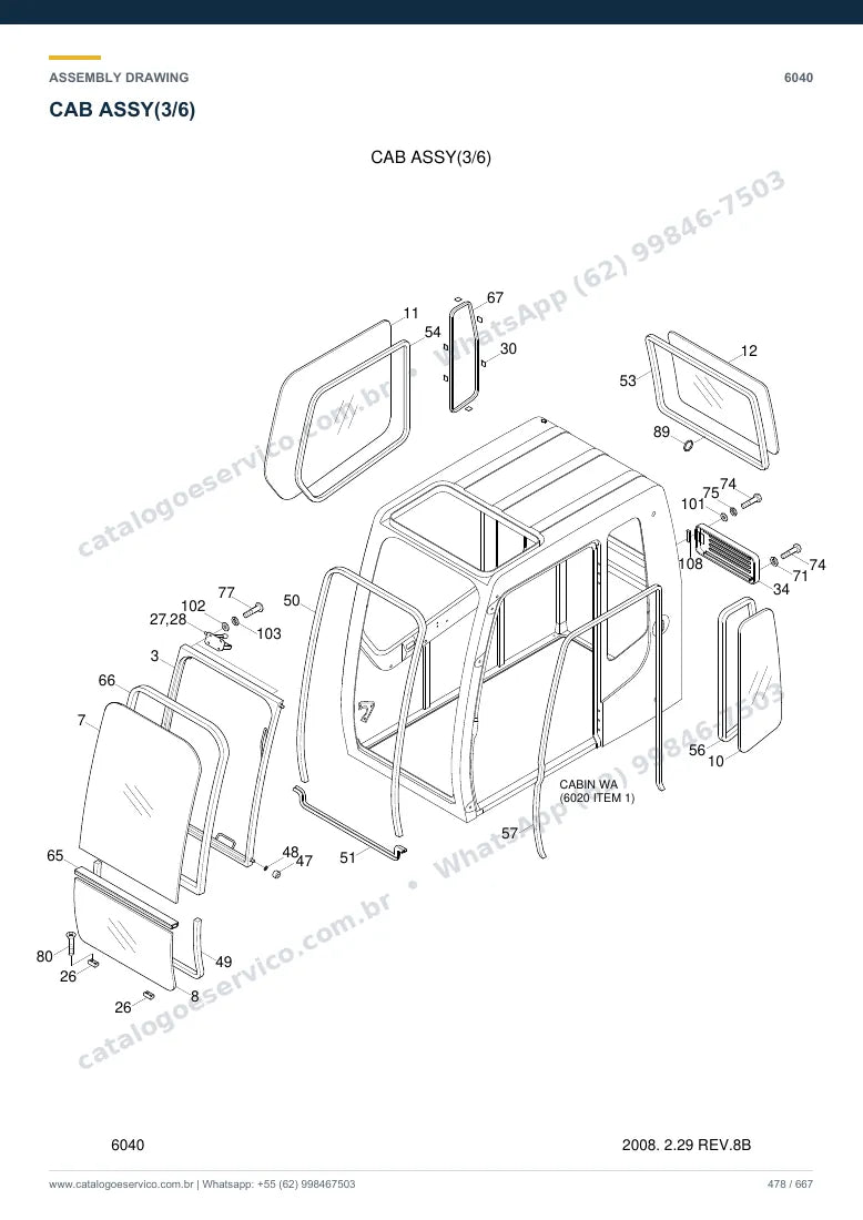 Catálogo de peças Hyundai R450LC-7A: desenho de montagem — cabine, assento e comandos