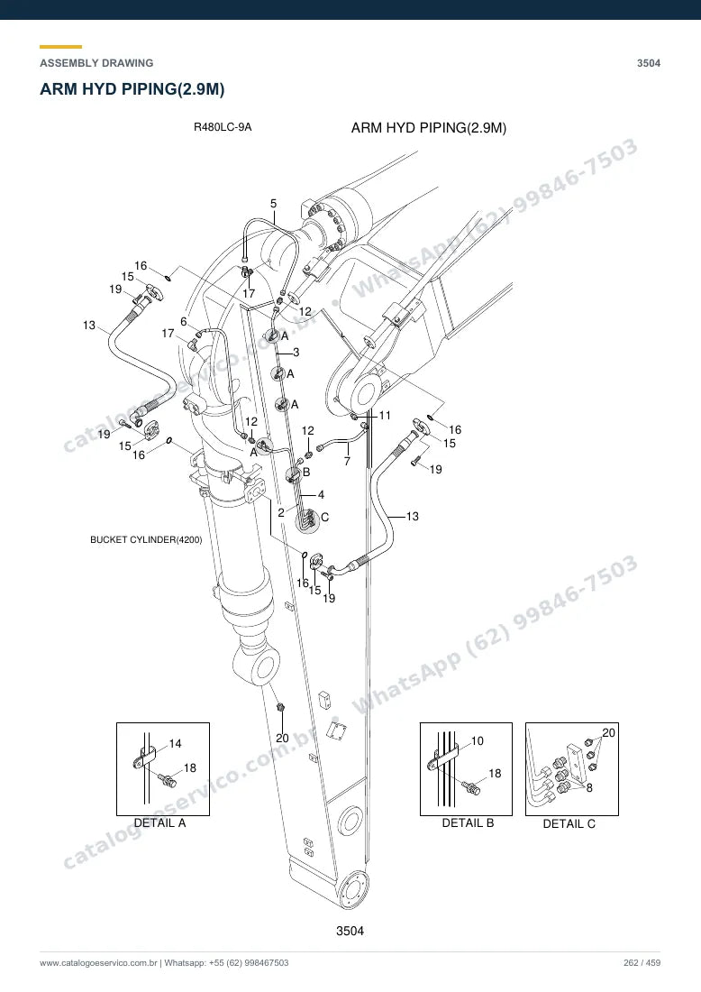 Catálogo de peças Hyundai R480LC-9A: desenho de montagem — tubulações hidráulicas