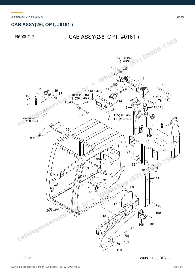 Catálogo de peças Hyundai R500LC-7: desenho de montagem — cabine, assento e comandos