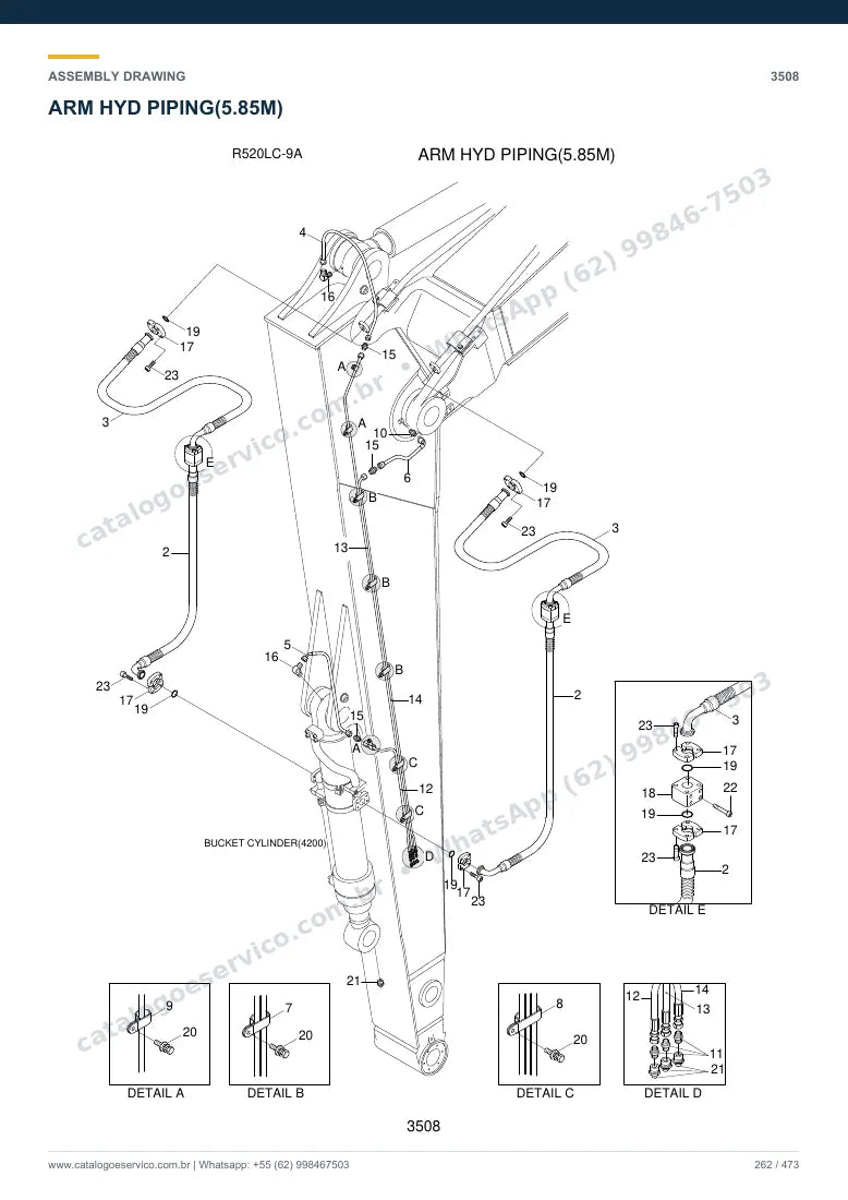 Catálogo de peças Hyundai R520LC-9A: desenho de montagem — tubulações hidráulicas
