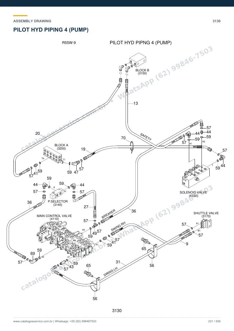 Catálogo de peças Hyundai R55W-9: desenho de montagem — tubulações hidráulicas