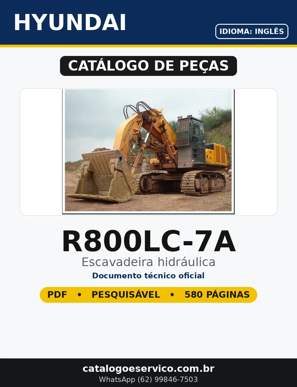 Catálogo de Peças Hyundai R800LC-7A em PDF — capa do documento técnico (580 páginas, Inglês)